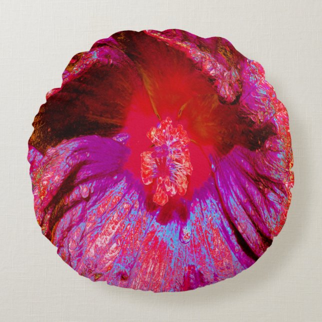 Psychedelic Trippy Retro Red Hibiscus Flower Rund Kudde (Framsidan)