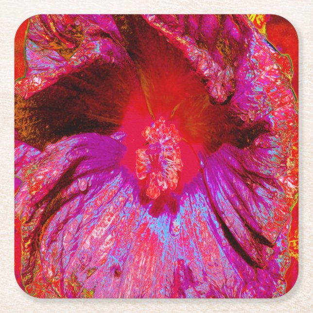 Psychedelic Trippy Retro Red Hibiscus Flower Underlägg Papper Kvadrat (Framsidan)