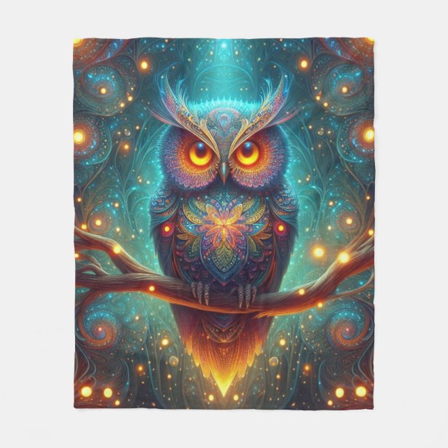Psychedelic Uggla i en kosmisk skog Fleecefilt (Framsidan)