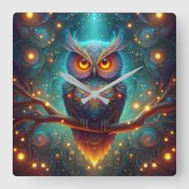 Psychedelic Uggla i en kosmisk skog Fyrkantig Klocka