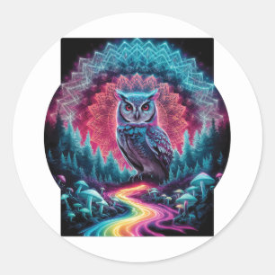 Psychedelic Uggla Mandala - Trippy Forest Art Runt Klistermärke