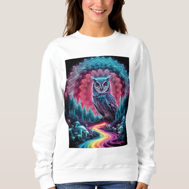 Psychedelic Uggla Mandala - Trippy Forest Art T Shirt (Framsida)