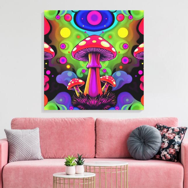 Psychedelic Vibrant Colorful Retro Mushrooms Canvastryck (Insitu (Vardagsrum))