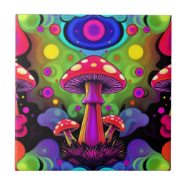 Psychedelic Vibrant Colorful Retro Mushrooms Kakelplatta
