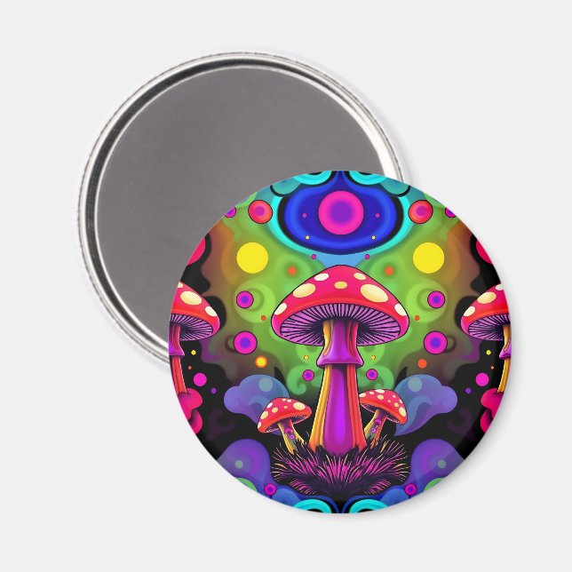 Psychedelic Vibrant Colorful Retro Mushrooms Magnet (Front/Back)