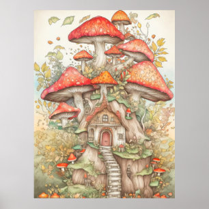 Psychedelic Vintage Forest Mushroom Dwelling Poster