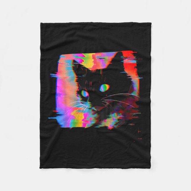 Psychedelic Weirdcore Cat Vaporwave Aesthetic Resa Fleecefilt (Framsidan)
