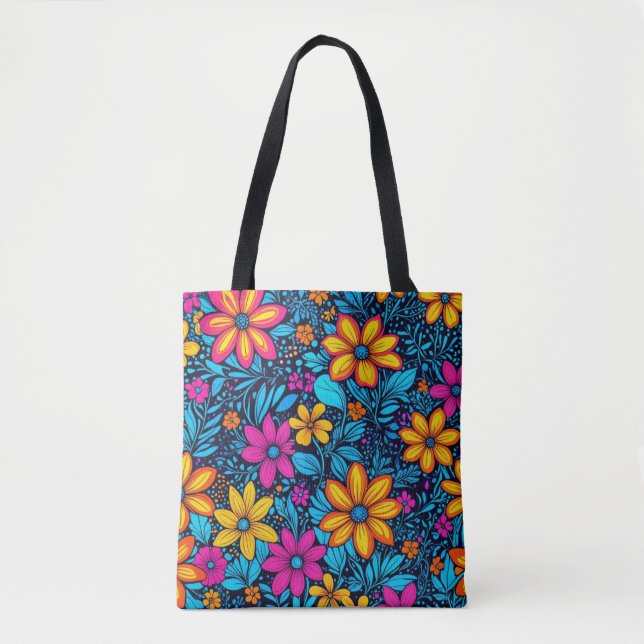 Psychedelic Wildblommte Tote Bag Tygkasse (Framsida)