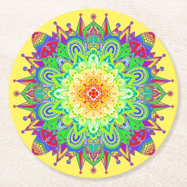 Psychedelic Zen Mandala Abstrakt Art Papper Underl Underlägg Papper Rund (Framsidan)