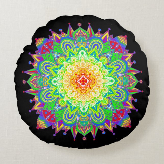 Psychedelic Zen Mandala Abstrakt Art Rund Kudde (Framsidan)