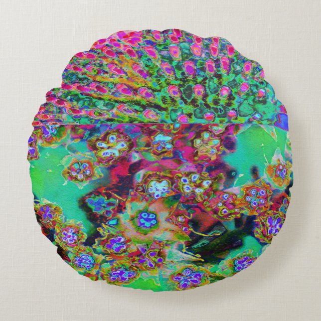 Psychedelisk Abstrakt Groovy Lila Sedum Rund Kudde (Framsidan)