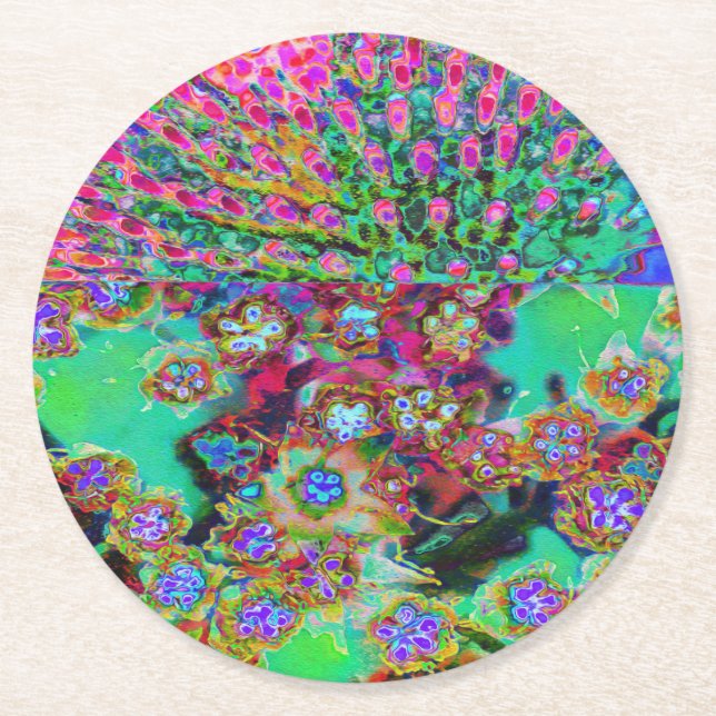 Psychedelisk Abstrakt Groovy Lila Sedum Underlägg Papper Rund (Framsidan)