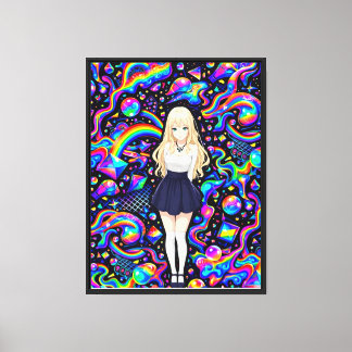 Psychedelisk Animeflicka Neonregnbågsmönster Canvastryck