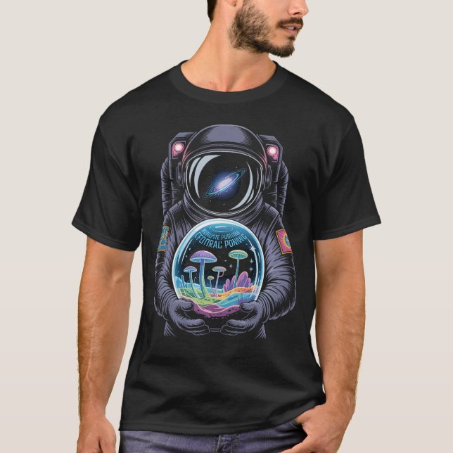 Psychedelisk Astronaut som Håller i Kosmiska Fossi T Shirt (Framsida)