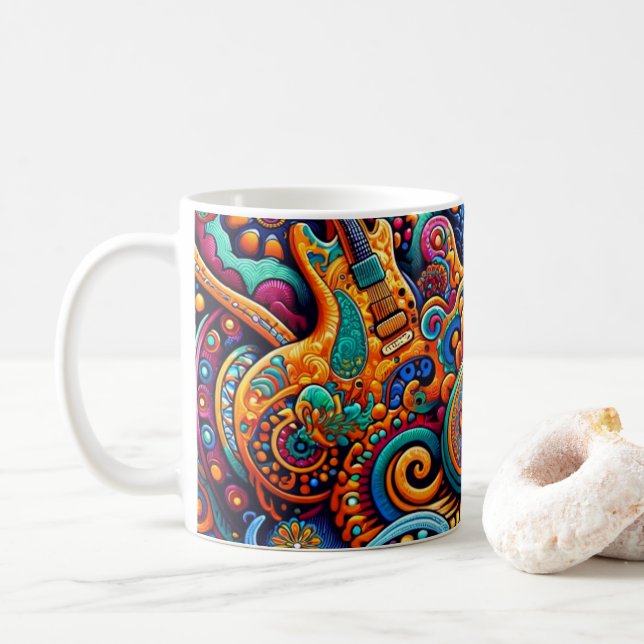 Psychedelisk Batik Gitarr Konst–Färgrik Retro Musi Kaffemugg (Med munk)