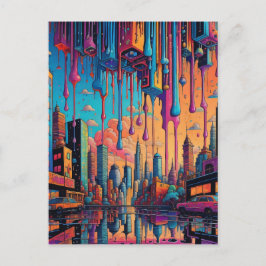 Psychedelisk blå orange droppig stad vykort