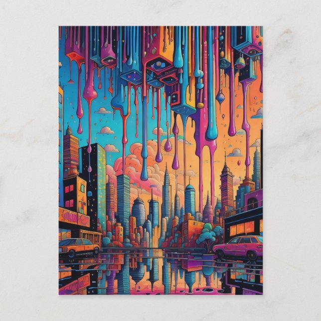 Psychedelisk blå orange droppig stad  vykort (Framsida)