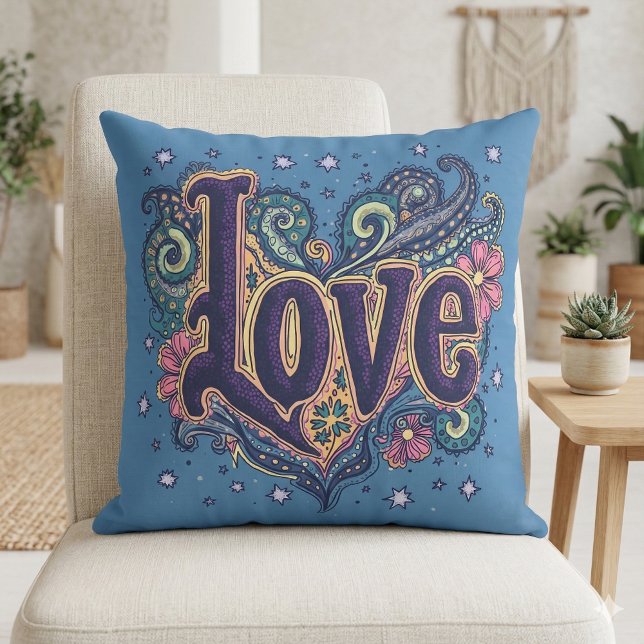 Psychedelisk Boho-bokstavskonst med blommotiv Kudde (Psychedelic Boho Love Lettering with Floral Throw Pillow Mockup A)