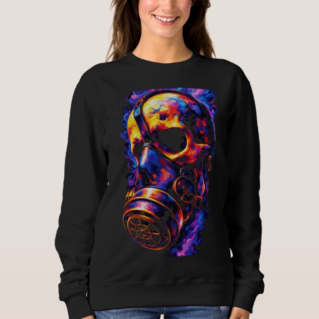Psychedelisk Dödskalle Gasmask Flamma Virvel T Shirt (Framsida)