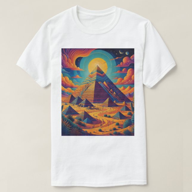 Psychedelisk egyptisk pyramid landskaps konst t shirt (Design framsida)