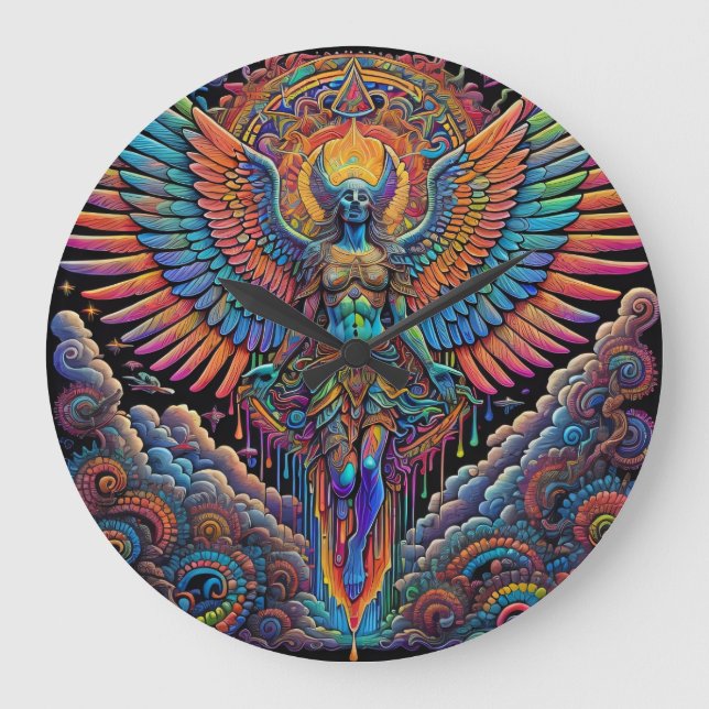 Psychedelisk Färgrik Ängelkonst Stor Klocka (Framsida)