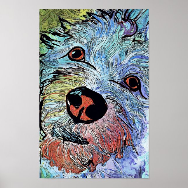 Psychedelisk Färgrik Westie Hund Konstporträtt Poster (Framsidan)