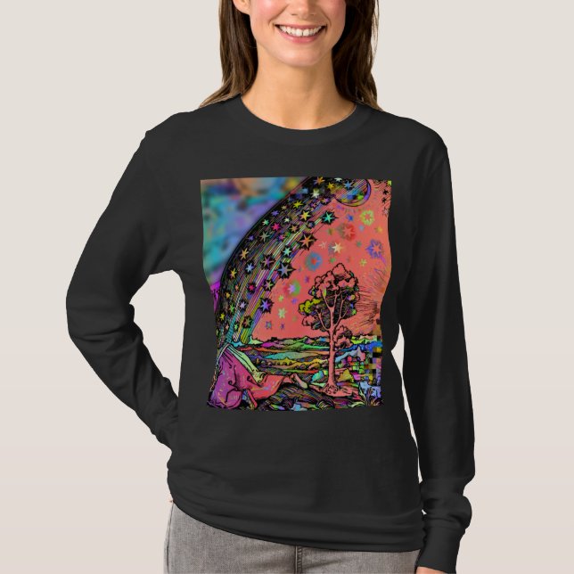 Psychedelisk Flammarion-gravyr Trippig regnbåge T Shirt (Framsida)