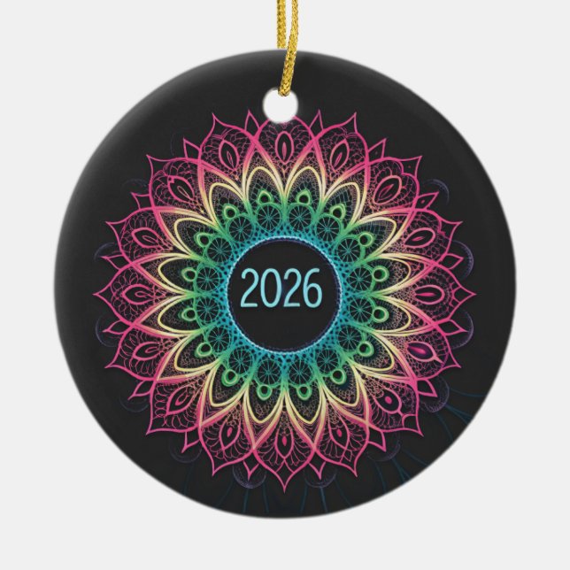 Psychedelisk Fraktal Mandala 2026 Design med Neon  Julgransprydnad Keramik (Framsidan)