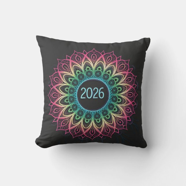 Psychedelisk Fraktal Mandala 2026 Design med Neon  Kudde (Framsida)