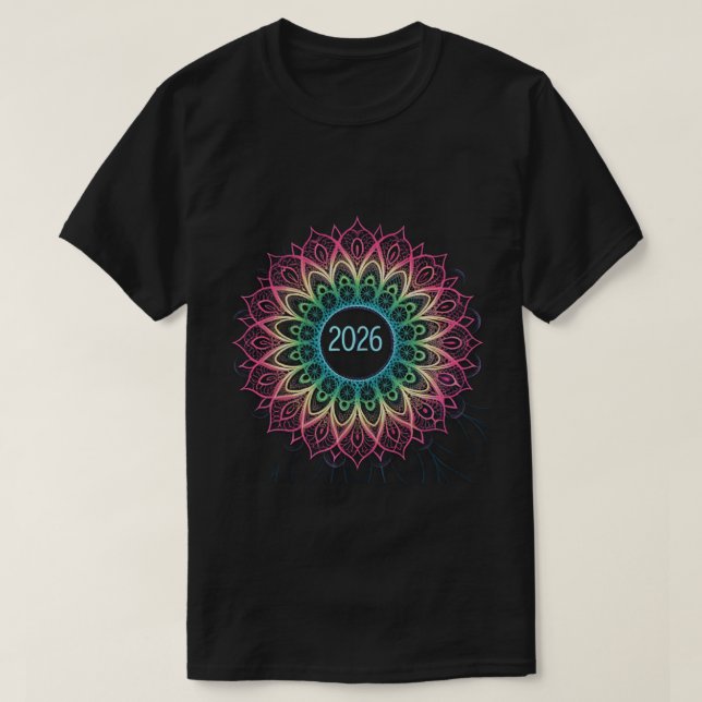 Psychedelisk Fraktal Mandala 2026 Design med Neon  T Shirt (Design framsida)