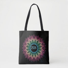 Psychedelisk Fraktal Mandala 2026 Design med Neon Tygkasse