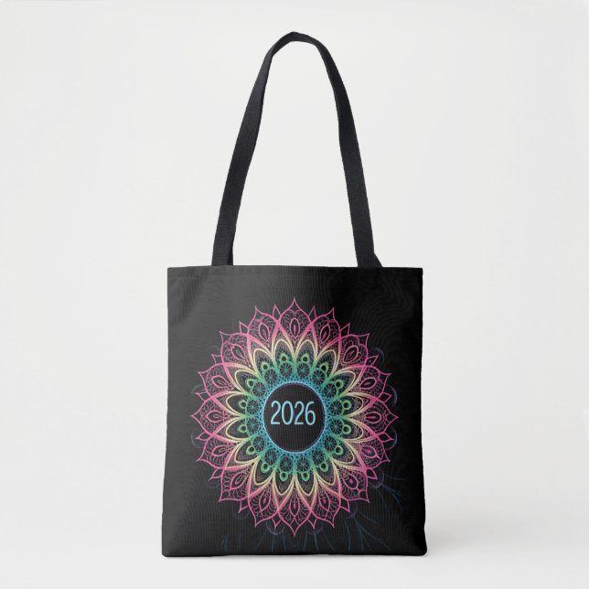 Psychedelisk Fraktal Mandala 2026 Design med Neon  Tygkasse (Framsida)