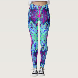 Psychedelisk grön och blå hibiskus-mönster leggings