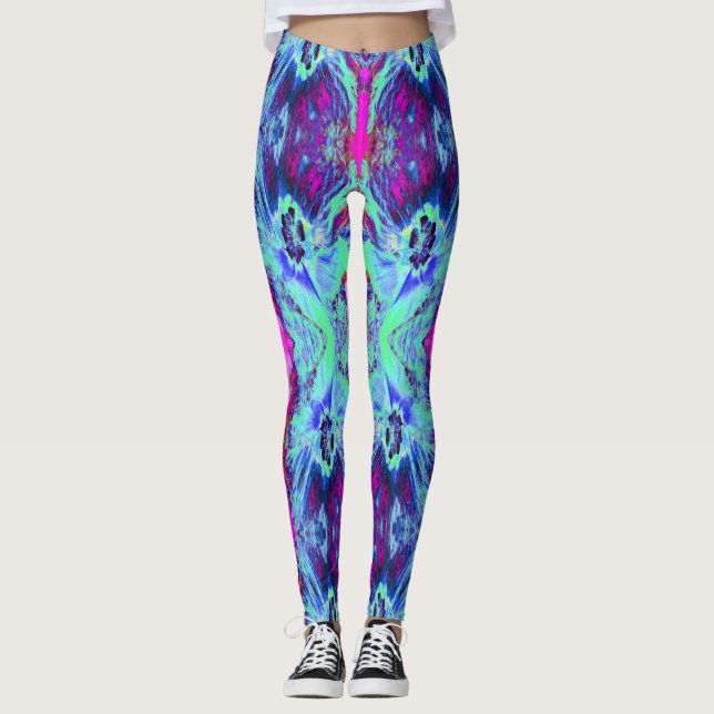 Psychedelisk grön och blå hibiskus-mönster leggings (Framsida)