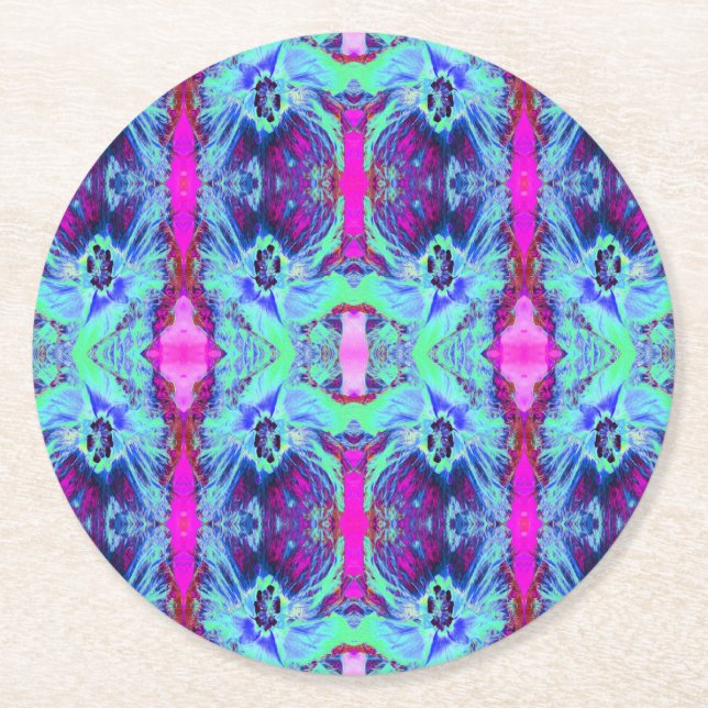 Psychedelisk grön och blå hibiskus-mönster underlägg papper rund (Framsidan)
