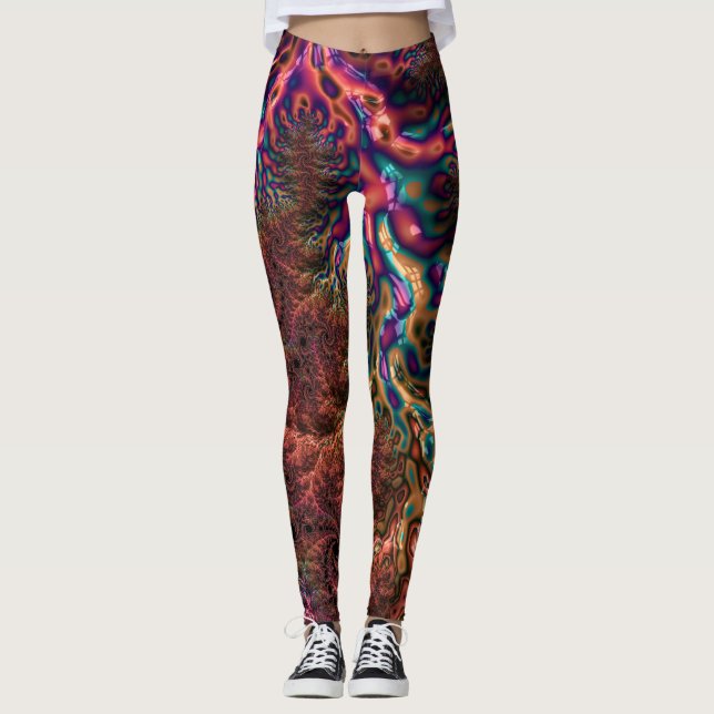 Psychedelisk Groovy Trippig Funky Färgrik Fraktal Leggings (Framsida)