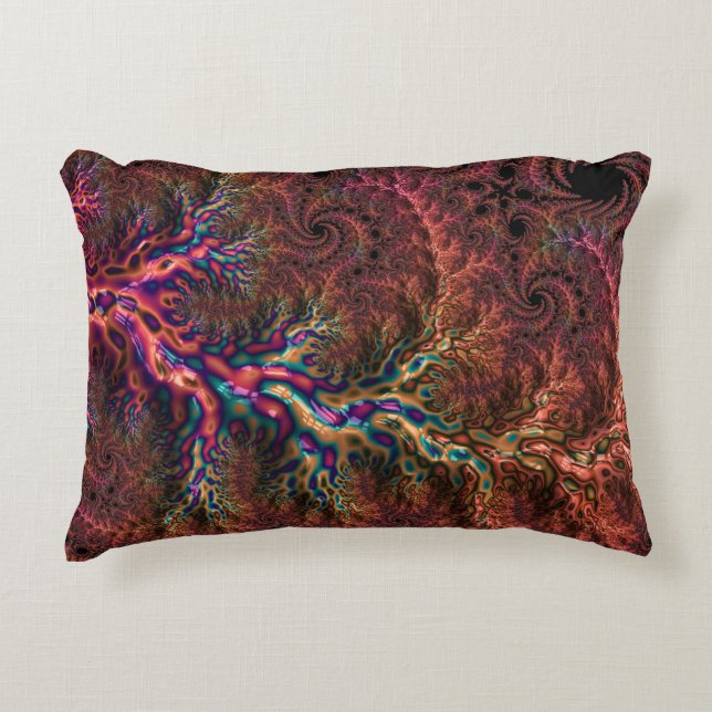 Psychedelisk Groovy Trippig Funky Färgrik Fraktal Prydnadskudde (Framsidan)