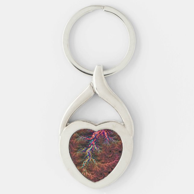 Psychedelisk Groovy Trippig Funky Färgrik Fraktal Twisted Heart Silverfärgad Nyckelring (Framsidan)