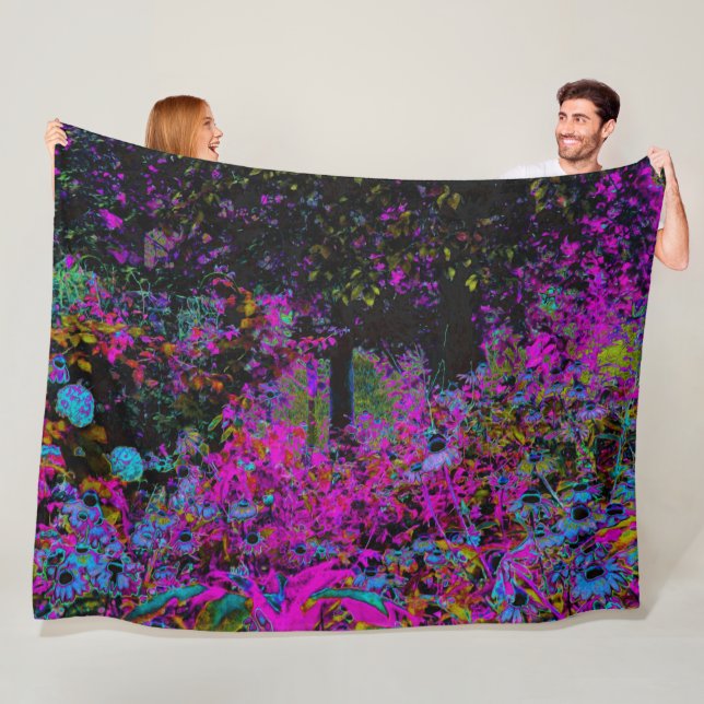 Psychedelisk het rosa och svart trädgårdssoluppgån fleecefilt (På plats)