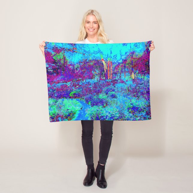 Psychedelisk Impressionistisk Blå Trädgårdslandska Fleecefilt (På plats)
