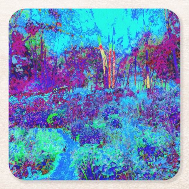 Psychedelisk Impressionistisk Blå Trädgårdslandska Underlägg Papper Kvadrat (Framsidan)