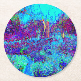 Psychedelisk Impressionistisk Blå Trädgårdslandska Underlägg Papper Rund