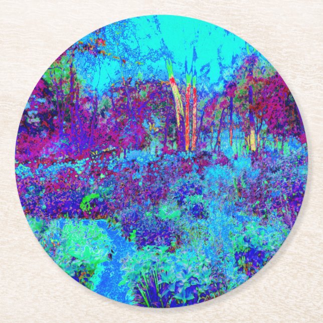 Psychedelisk Impressionistisk Blå Trädgårdslandska Underlägg Papper Rund (Framsidan)