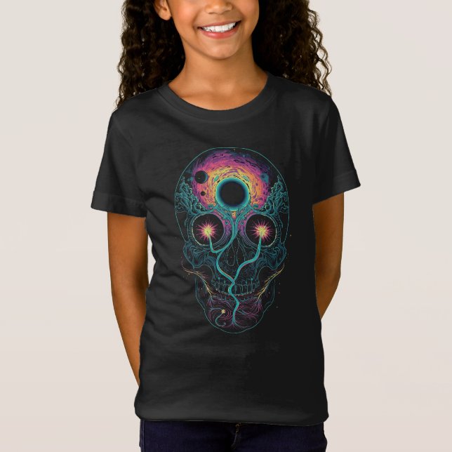 Psychedelisk Kosmisk Skalle Neon Galax T Shirt (Framsida)