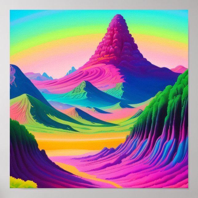 Psychedelisk landskap Rosa Grön Berg Konst  Poster (Framsidan)
