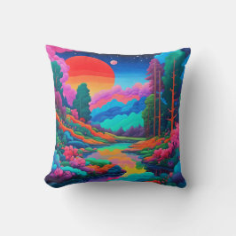 Psychedelisk landskapsbild rosa grön konst kudde