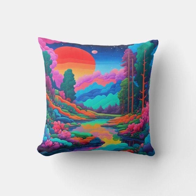 Psychedelisk landskapsbild rosa grön konst  kudde (Framsida)