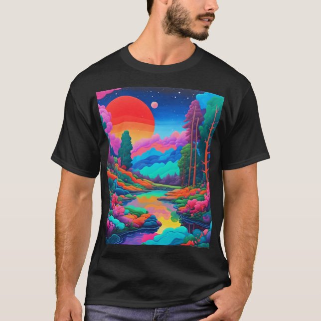 Psychedelisk landskapsbild rosa grön konst  t shirt (Framsida)