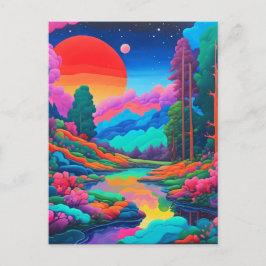 Psychedelisk landskapsbild rosa grön konst vykort