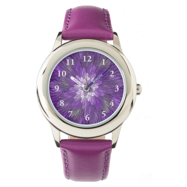 Psychedelisk lila blomma abstrakt fraktal konst armbandsur (Framsida)